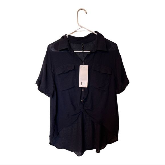 Zara Navy High Low Short Sleeve Button Down Size S - Picture 1 of 5